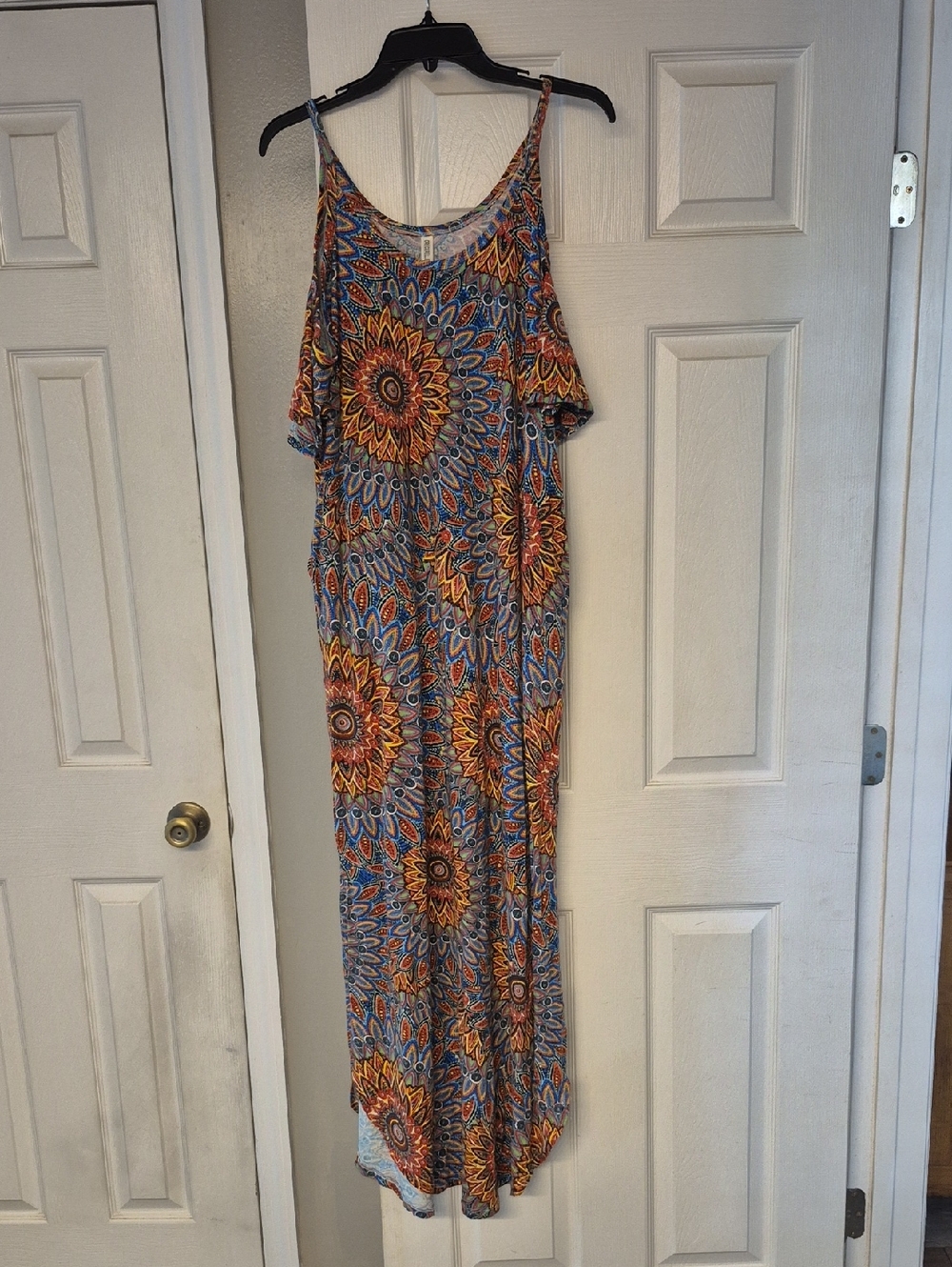 Cold-Shoulder Maxi Dress in Orange and Blue Medallion Print